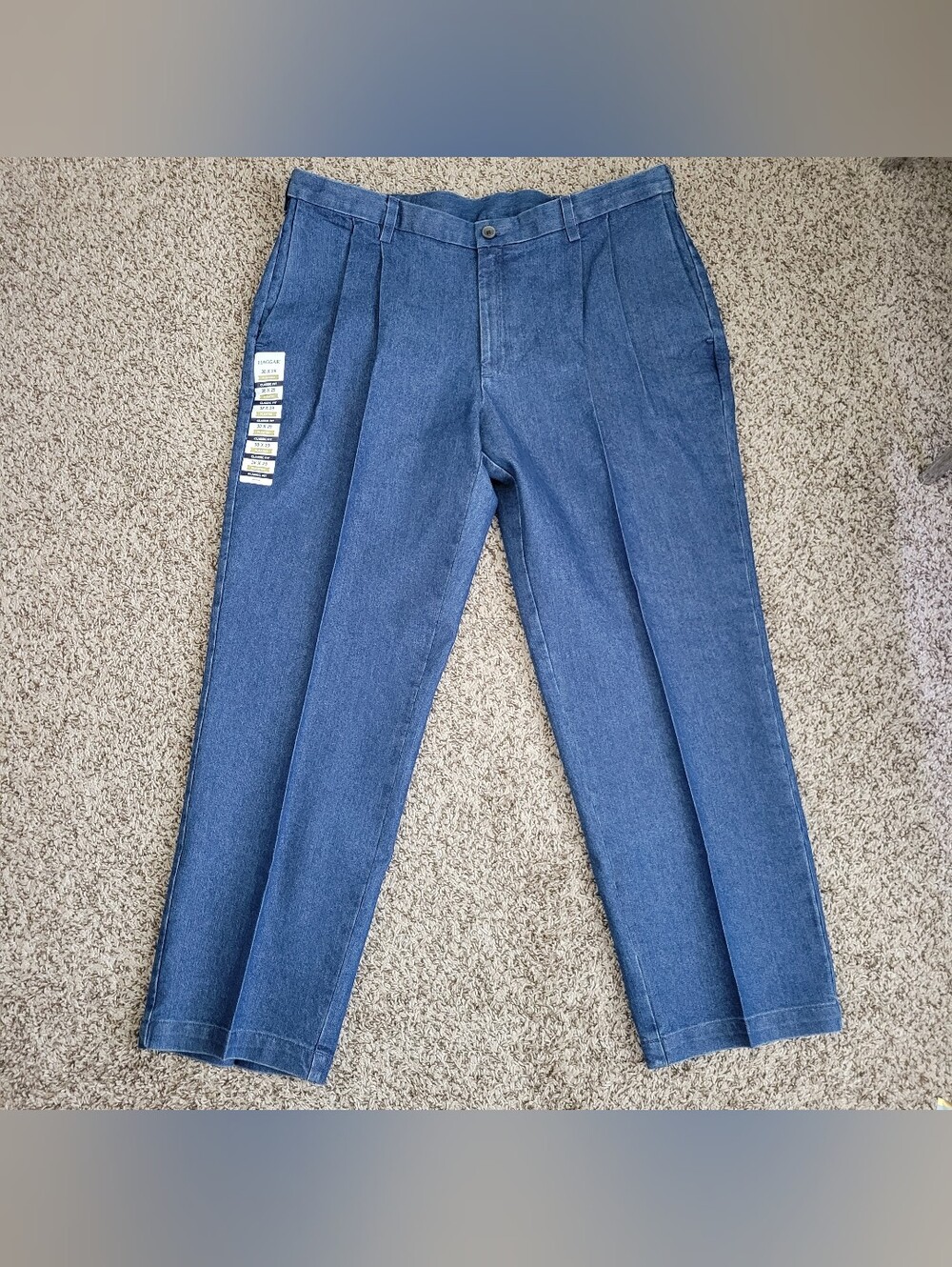 Haggar Premium Stretch Denim Pants Jeans Pleated Classic Fit Navy Blue 38 X 29